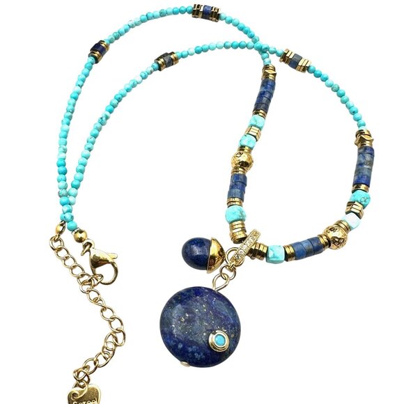 Turquoise & Lapis Lazuli Pendant Necklace 18K Gold Plated 16 to 18 Inch - Picture 1 of 6